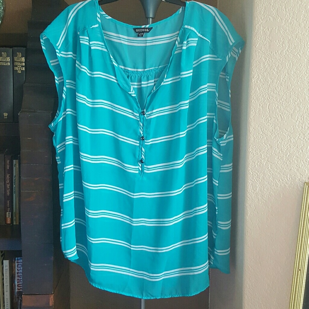 George Teal and white striped sheer blouse